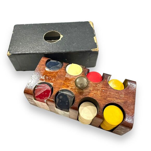 Bakelite Plastic Poker Chips w/Wood Holder Vintage Small Miniature Caddy W/Cover - Picture 1 of 14